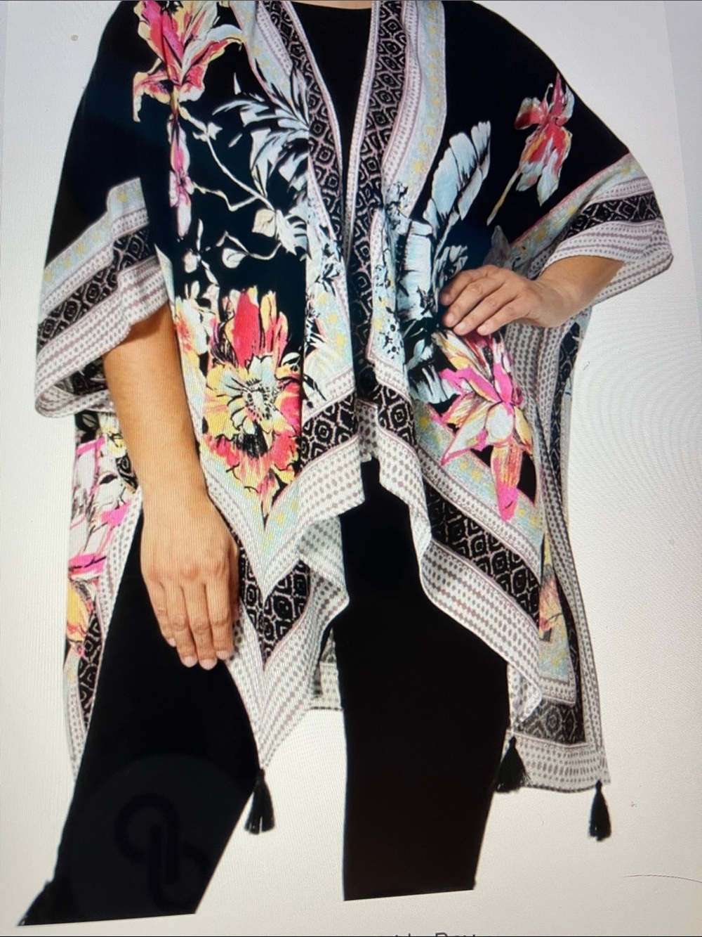 Vince Camuto Black Floral Border Tassel Poncho